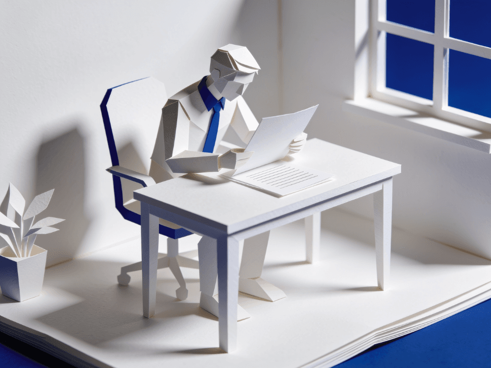 Papercraft figure reviewing documents at a desk by a window