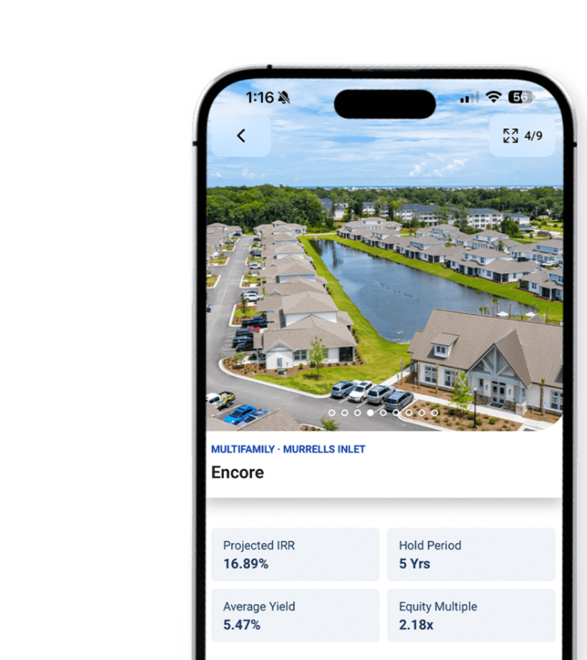 Raveum app property detail for the Encore multifamily community with photo carousel and key deal metrics