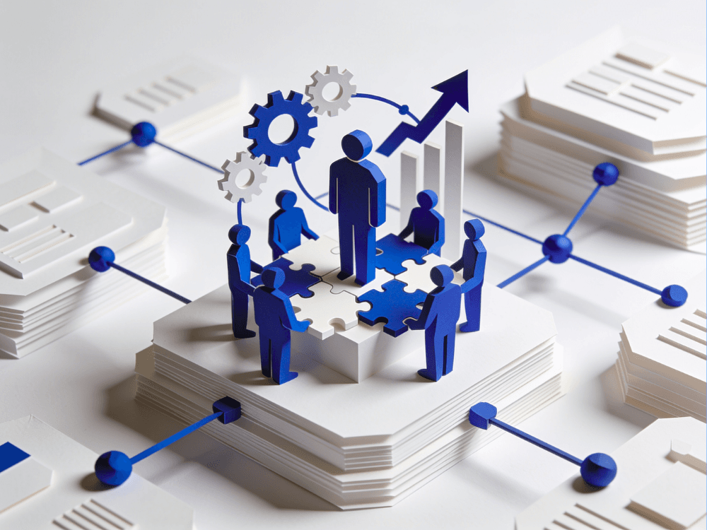 Papercraft figures assembling puzzle pieces amid gears, documents, and a rising chart