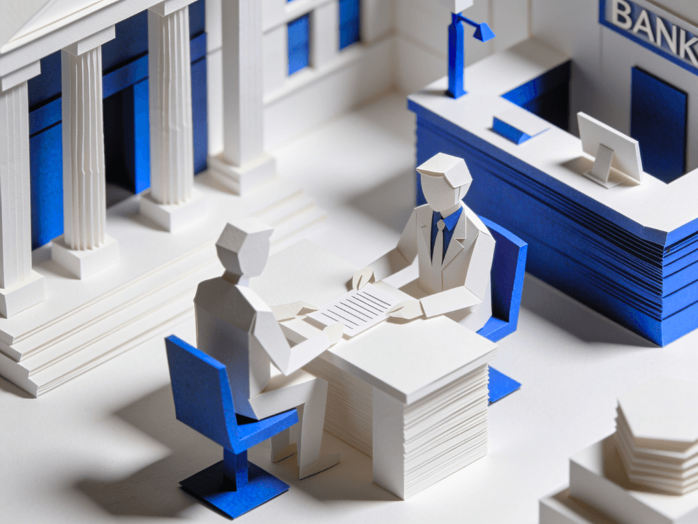 Two papercraft figures completing a document at a bank desk