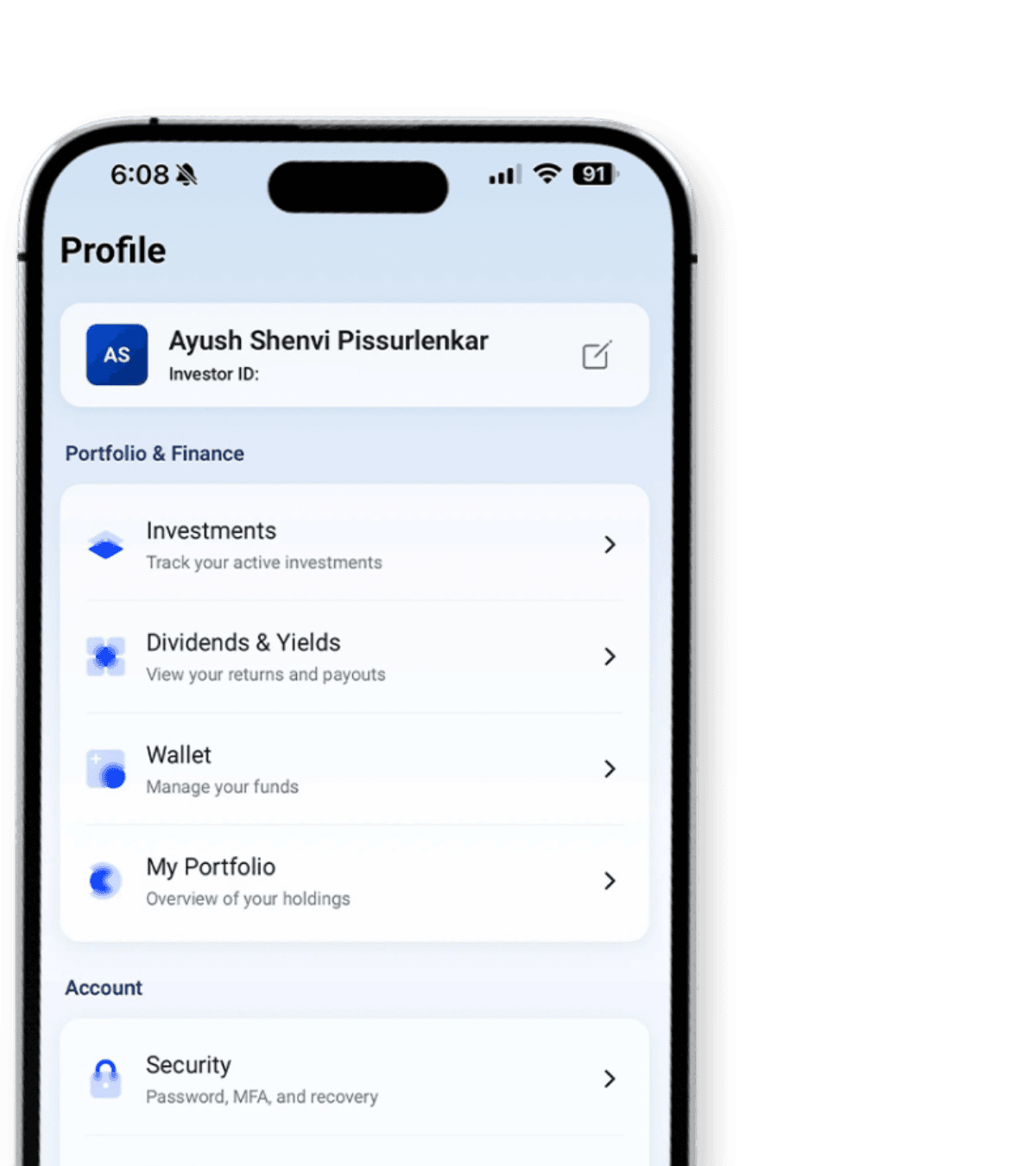 Raveum app profile with Portfolio & Finance shortcuts for investments, dividends and yields, wallet, and portfolio
