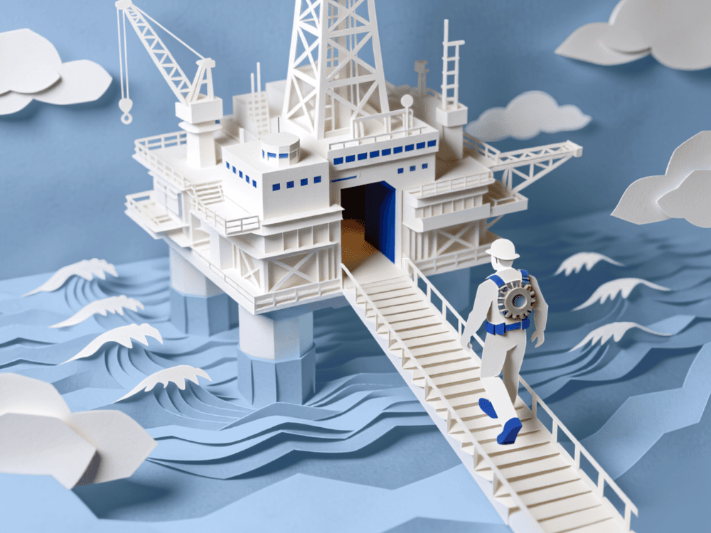 Papercraft figure walking a gangway onto a large offshore platform