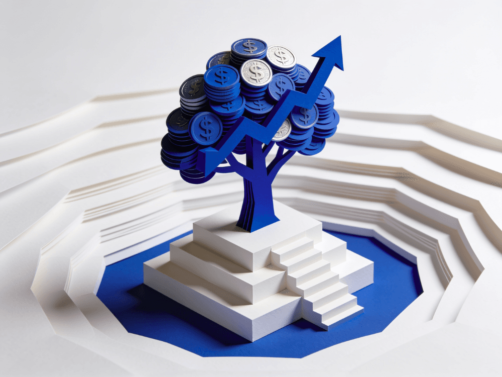 Papercraft tree bearing dollar coins with a rising blue arrow through its branches