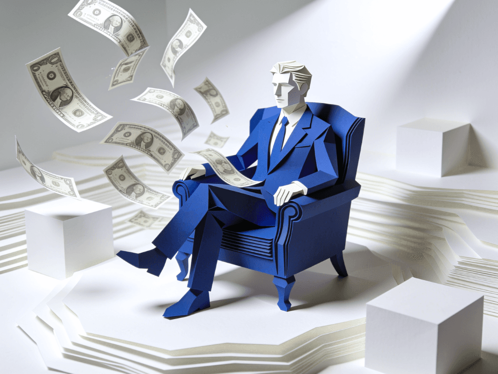 Papercraft figure seated in a blue armchair with dollar bills floating in the air