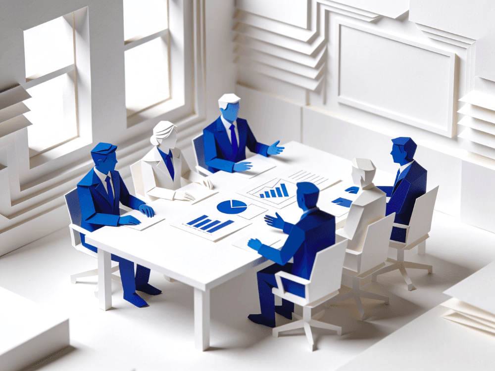Papercraft boardroom with figures reviewing charts around a conference table