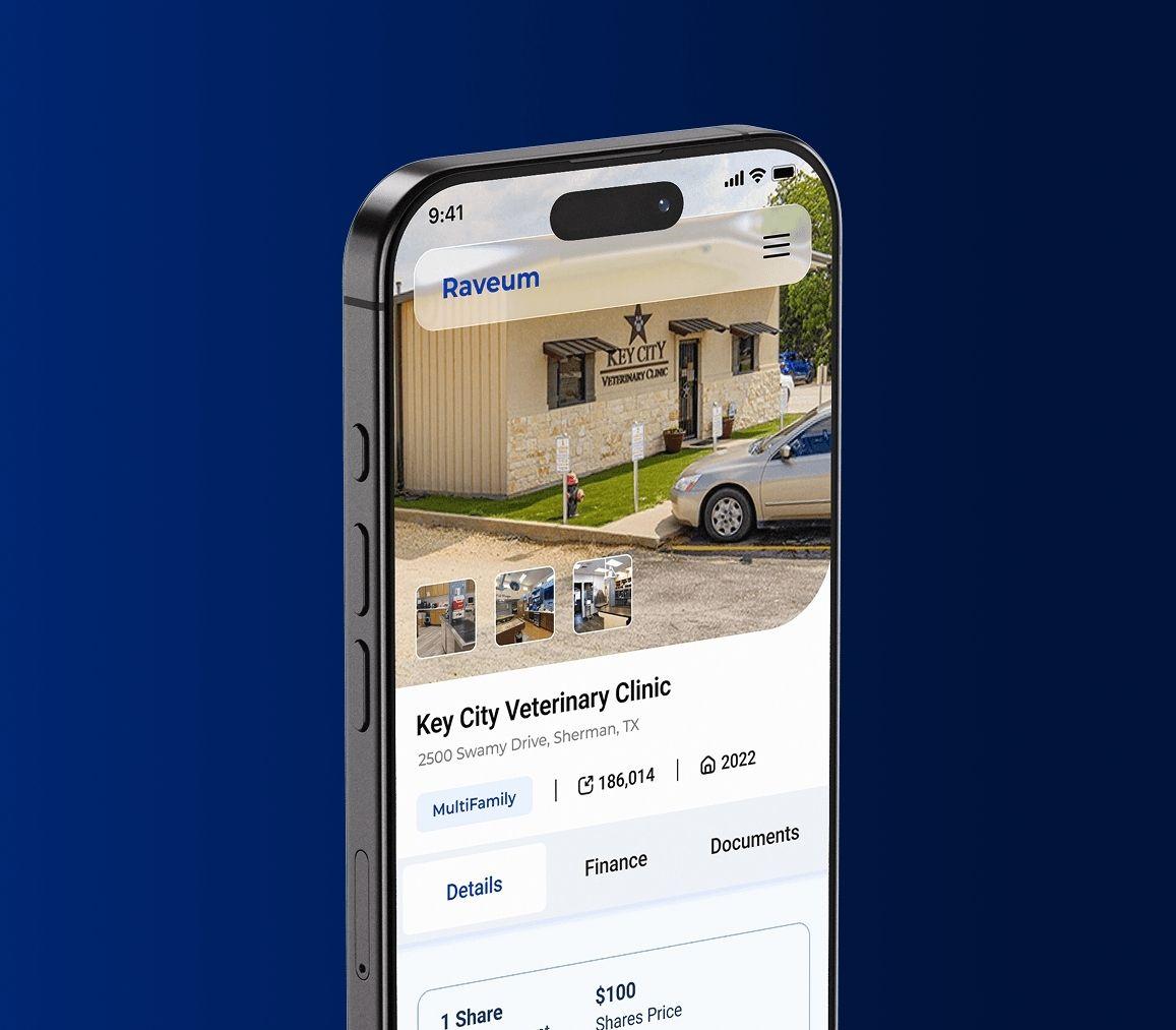 Raveum investment flow showing a mobile app interface for compliant fractional U.S. real estate investing under SEC-aligned regulations