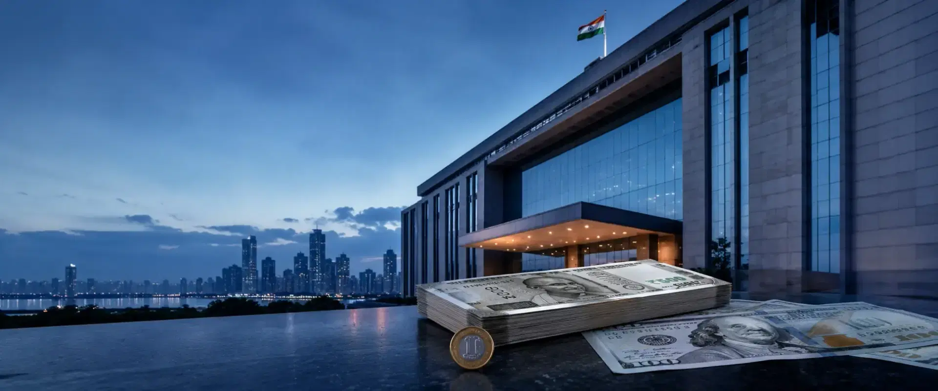 MONEY resting on a ledge outside a modern building flying the Indian flag, set against a city skyline at dusk.
