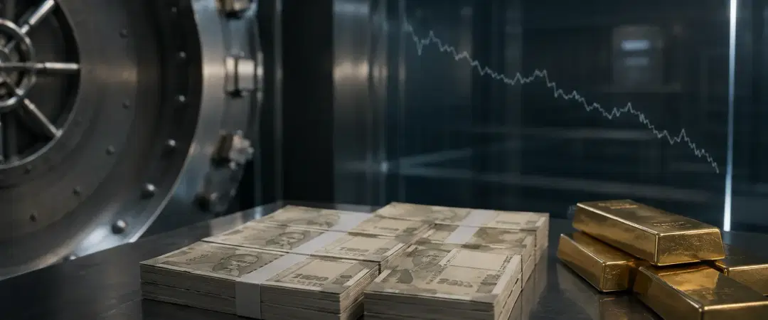 Indian rupee notes and gold bars placed inside a vault, with a declining financial chart in the background representing movement in India’s forex reserves.