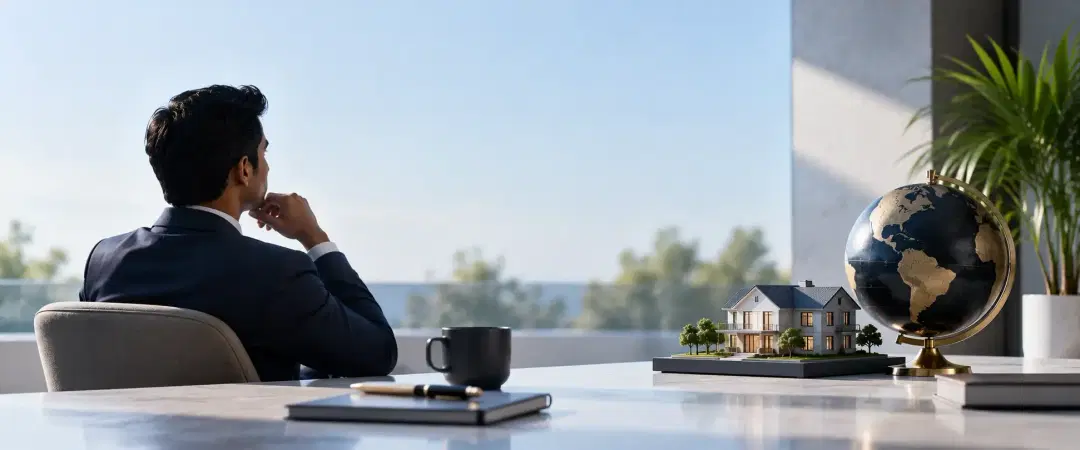 Indian investor in modern office looking out window at US real estate wealth opportunities