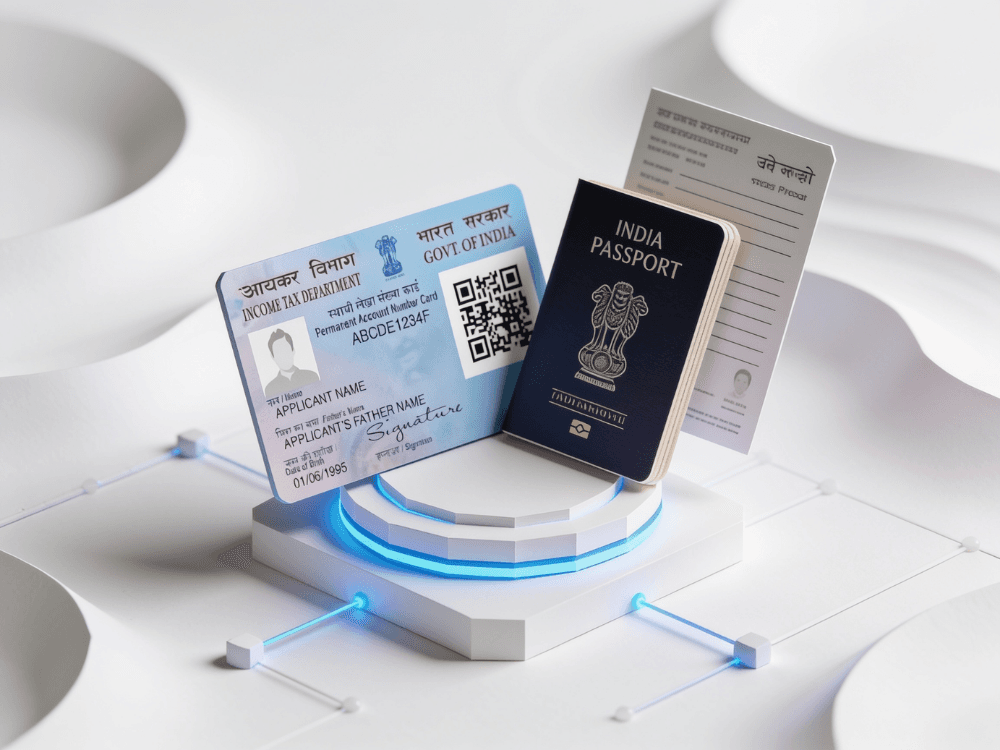 Indian PAN card, passport, and KYC document arranged upright on a glowing pedestal
