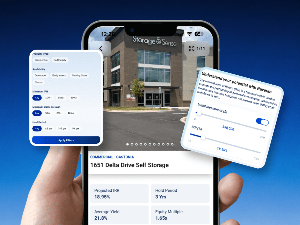 Raveum app showing the 1651 Delta Drive self storage listing with property filters and the return calculator