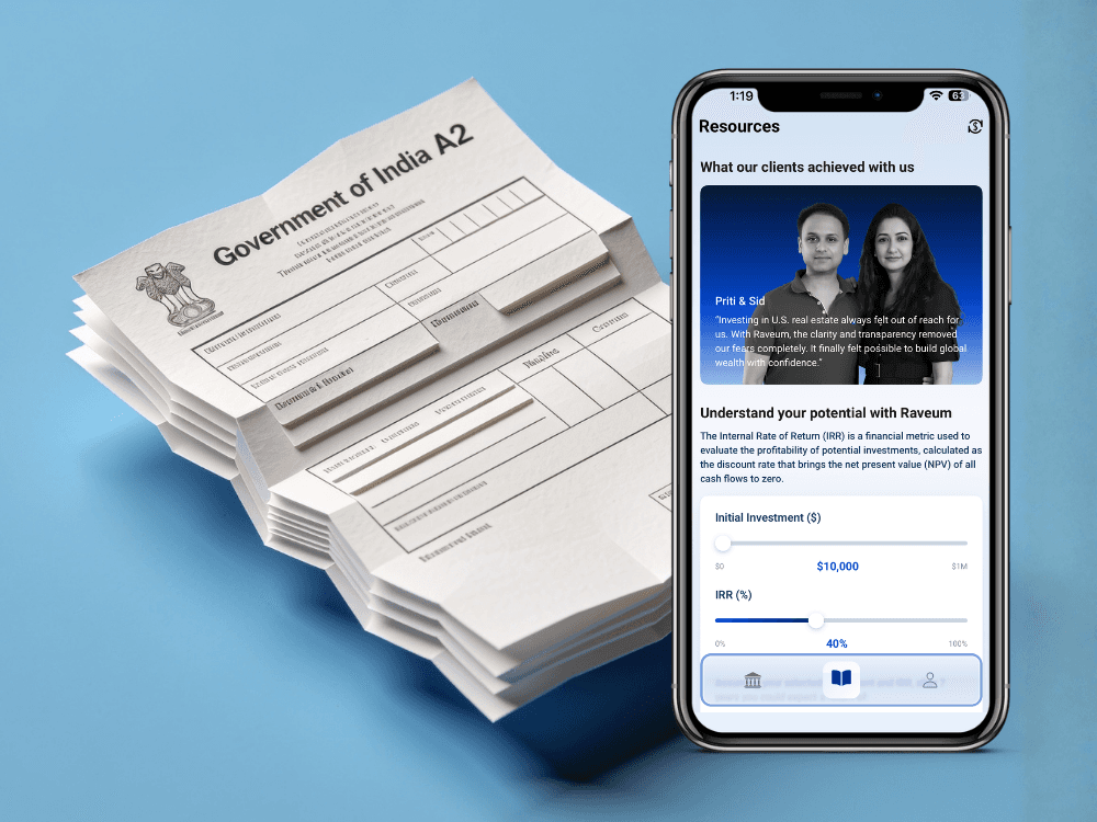 Stack of Government of India Form A2 remittance forms beside the Raveum app's resources screen