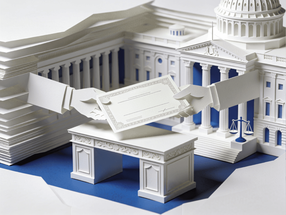 Paper-craft model of U.S. government buildings with two paper hands exchanging an ownership certificate