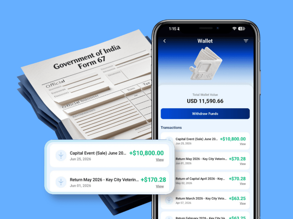 Government of India Form 67 papers beside the Raveum wallet screen listing dollar distributions