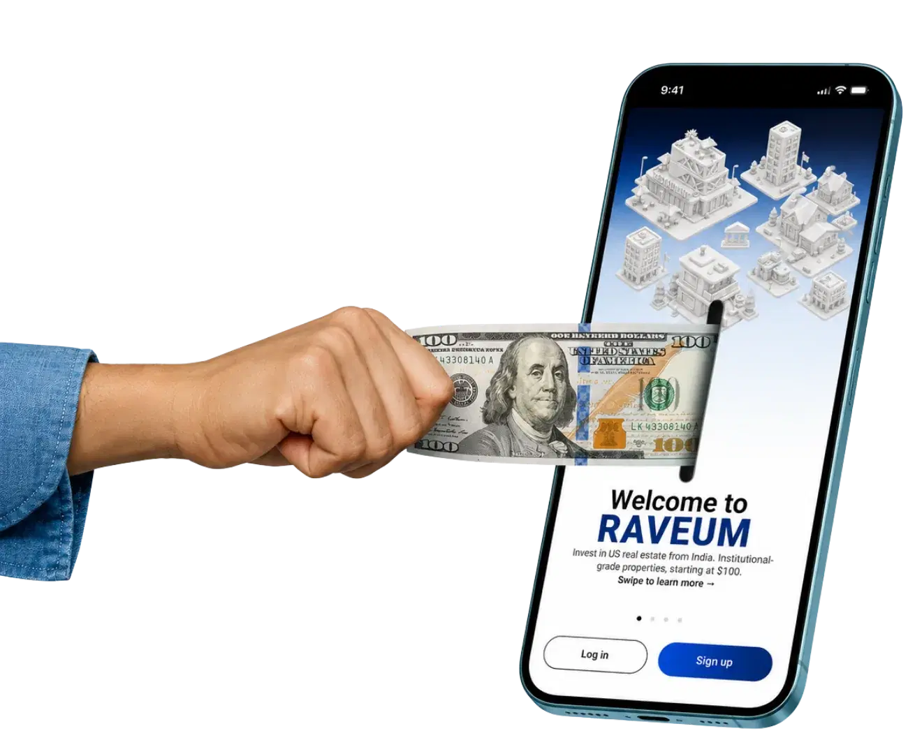 A hand pushing a hundred-dollar bill into the Raveum app on a phone