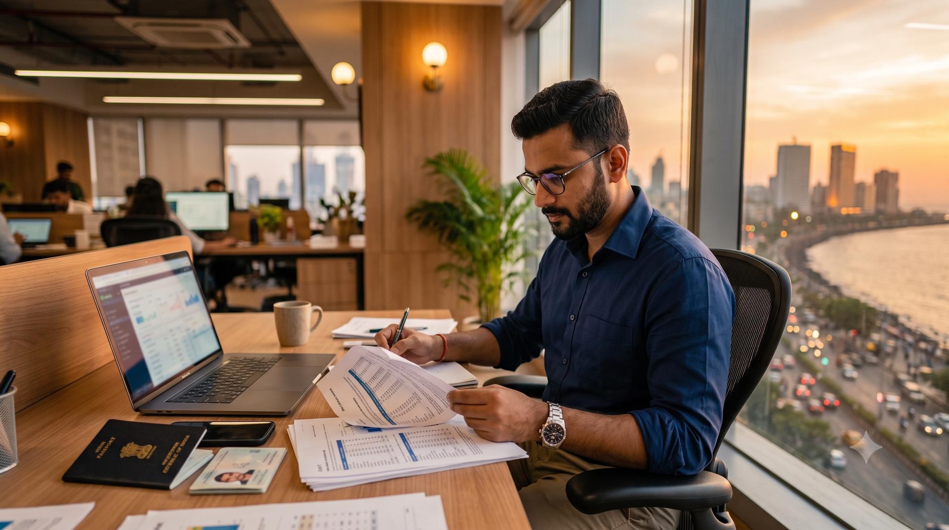 An Indian professional reviewing international banking documents at a modern desk in warm golden-hour light