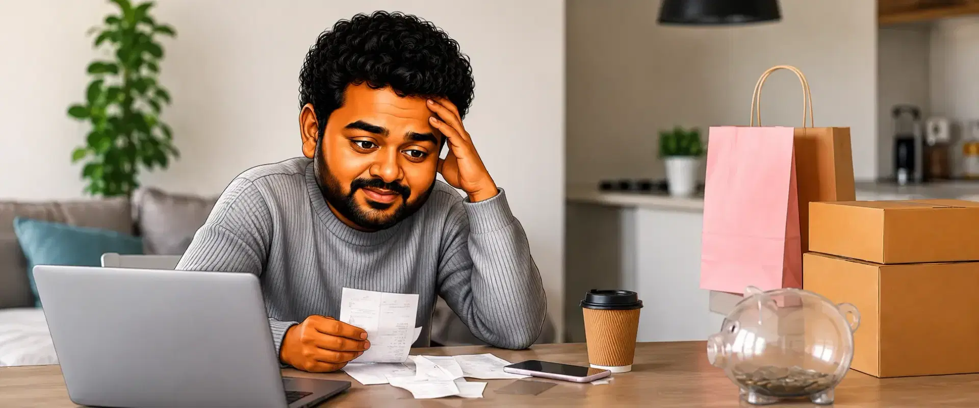 Young Indian professional reviewing bills beside a laptop, shopping bags, packages, and a nearly empty piggy bank, representing common financial mistakes in your 20s.