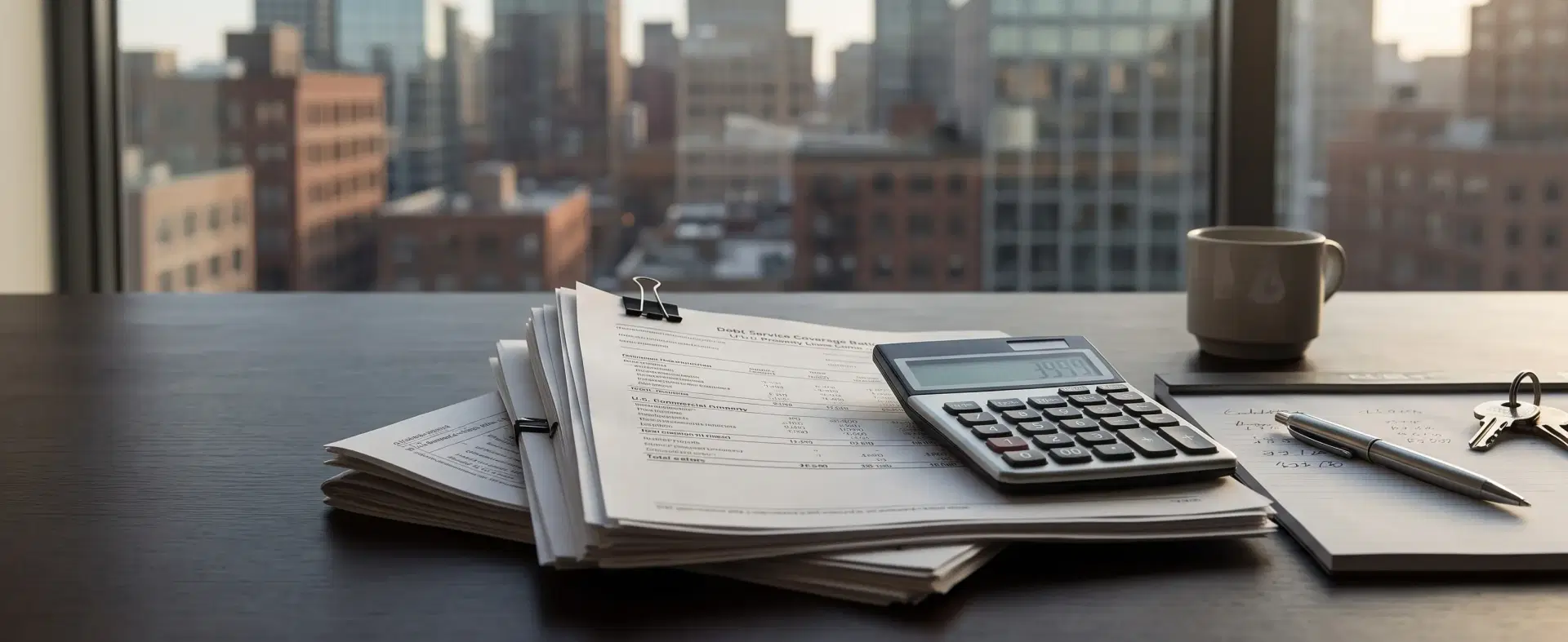 Stack of loan documents and a calculator on a desk, with city buildings behind, showing debt service coverage ratio review