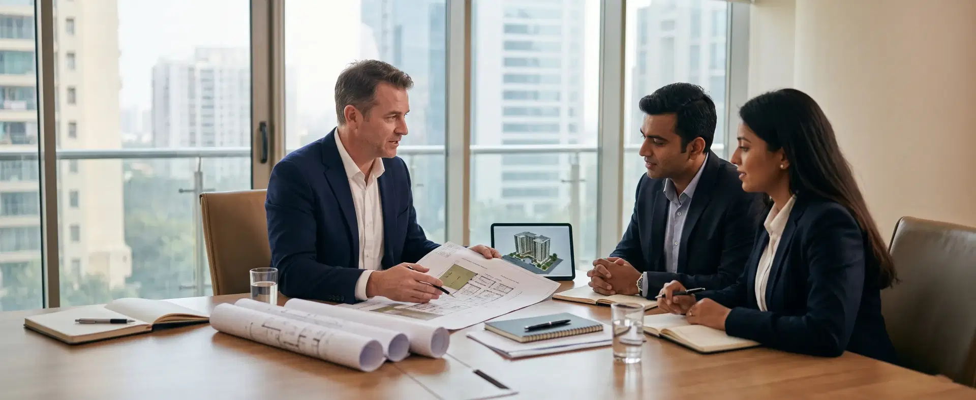 Real estate sponsor reviewing property plans at an office desk