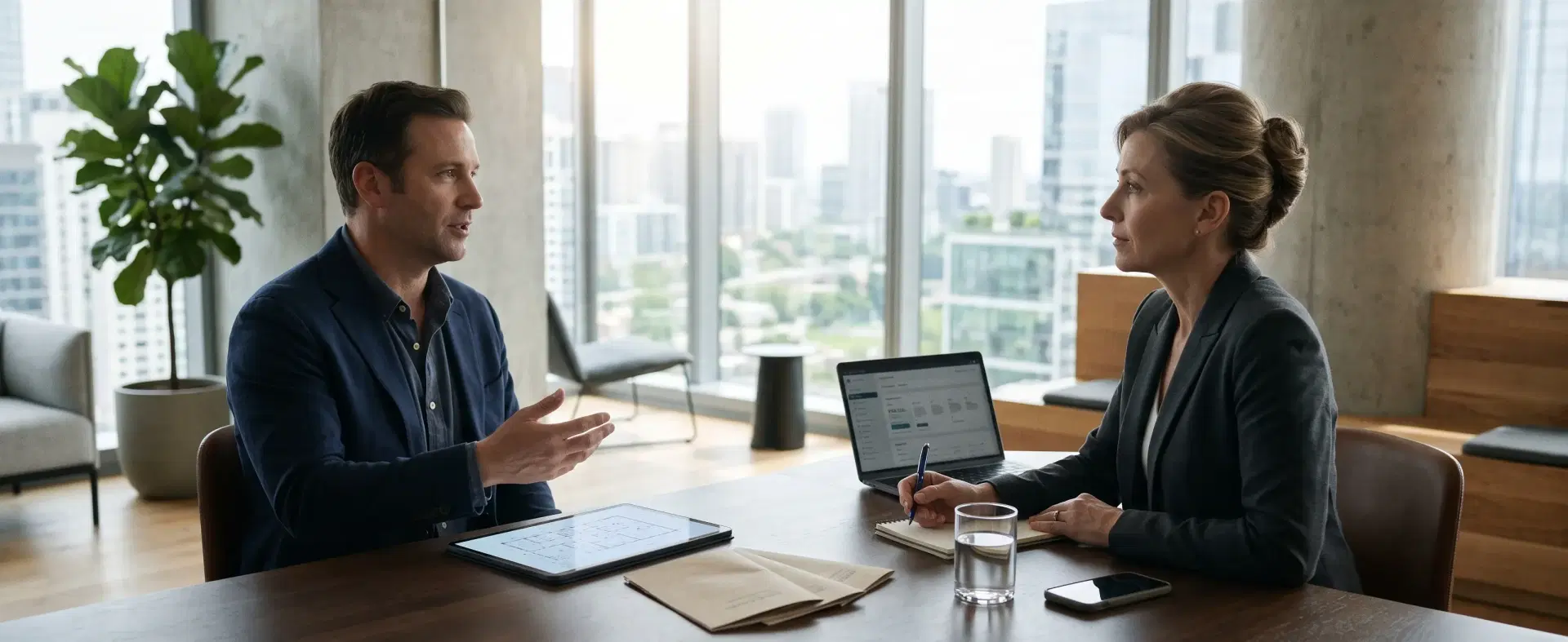 Real estate sponsor meeting an Indian investor across an office table with a tablet, discussing a capital raise