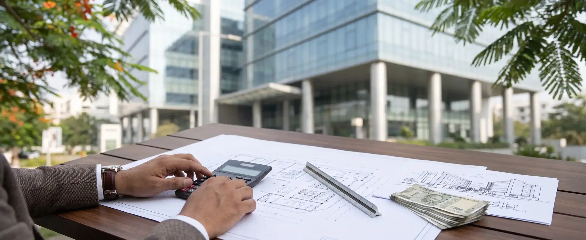 Investor using a calculator over building plans in front of a glass commercial office building, assessing loan to value ratio