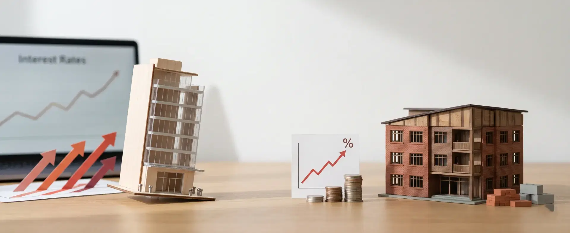 Model buildings beside stacked coins and a rising interest rate chart, comparing REITs and private real estate