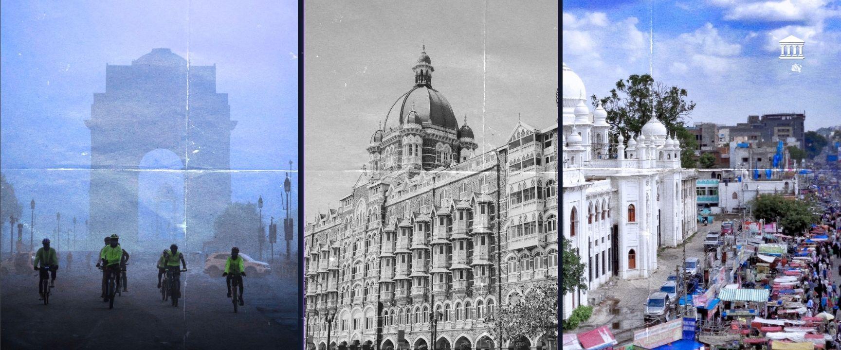 Comparative images of Indian real estate markets showing Mumbai, Delhi, and Hyderabad.
