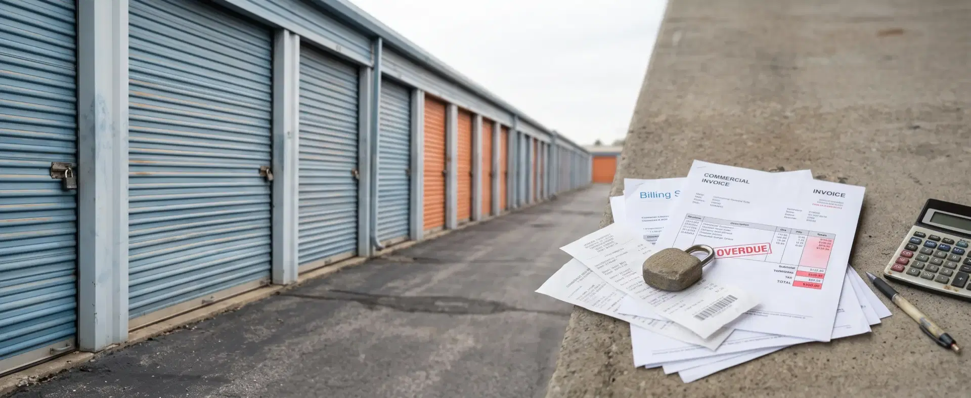 Overdue bills and a padlock on a ledge beside a row of orange self storage units, showing rising operating costs