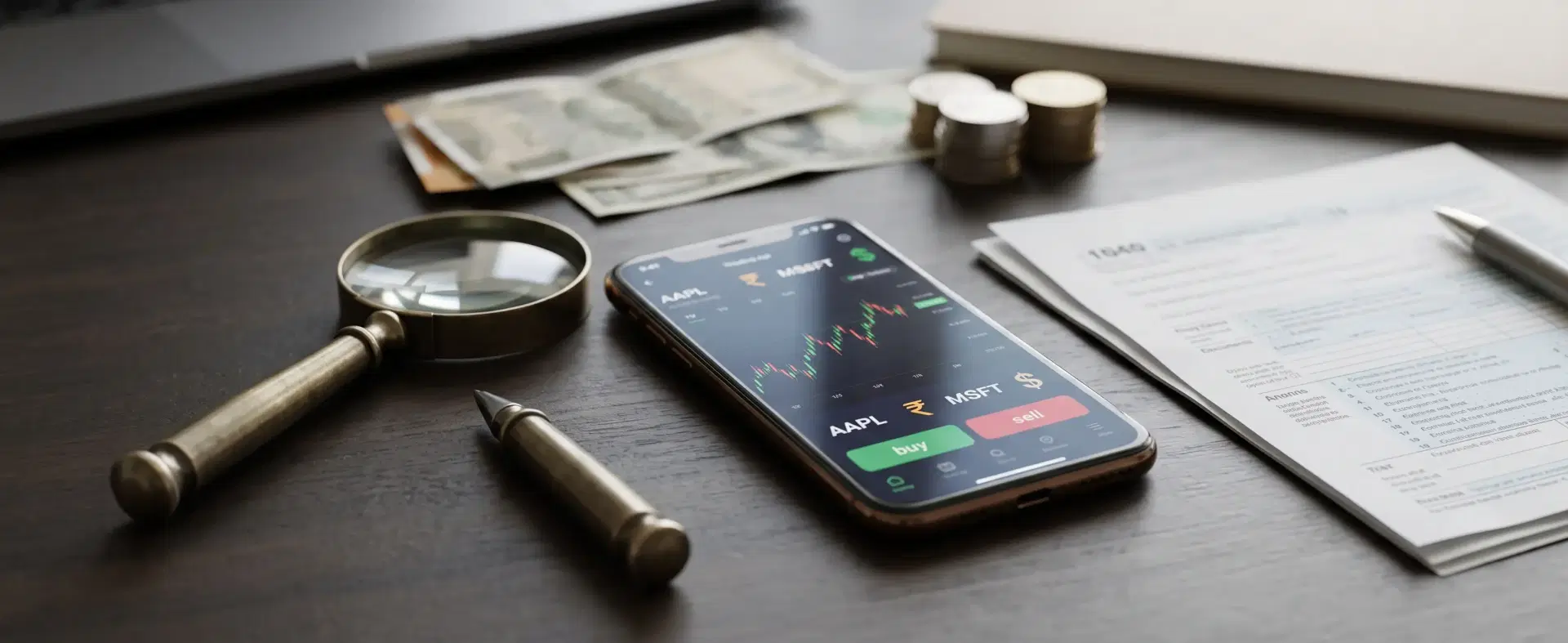 Smartphone showing a US stock trading app with cash, coins, and a magnifying glass on a desk, representing US stock taxes