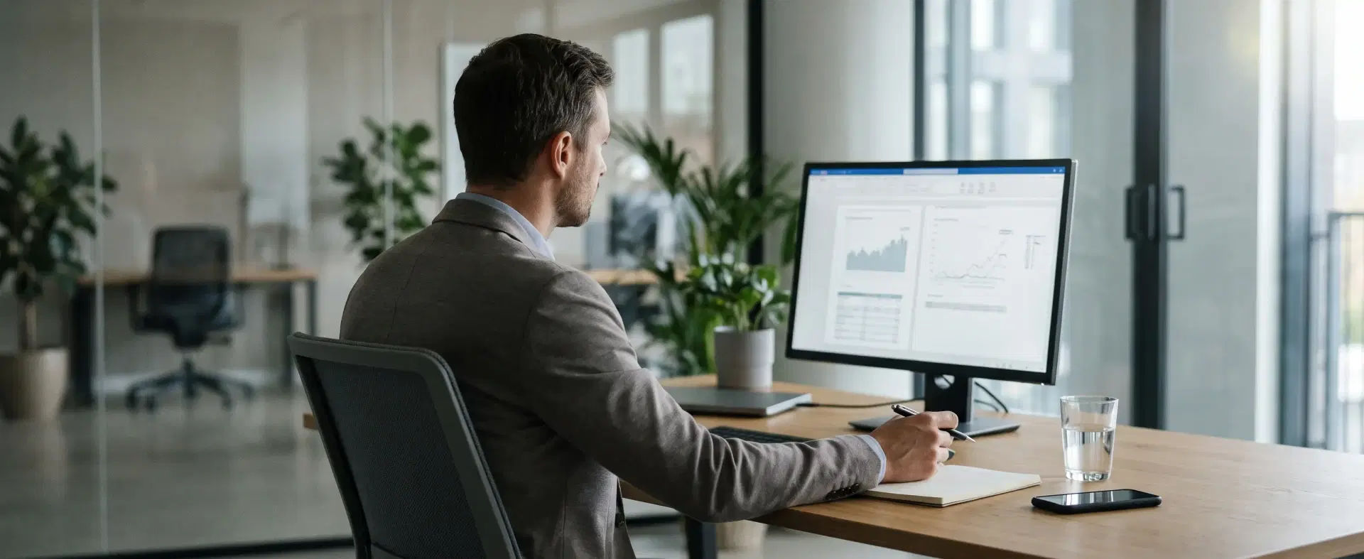 Real estate sponsor at a desk reviewing fundraising charts on a computer monitor in a bright office