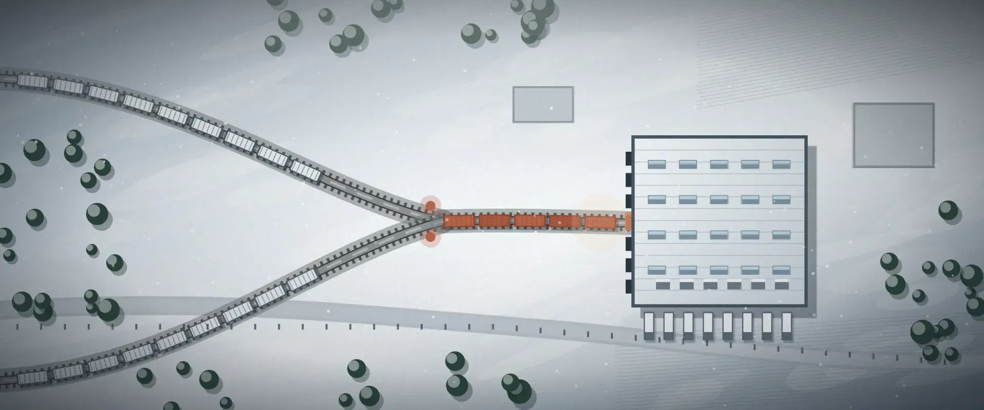 Illustration of two freight lines merging into one brick train at a snowy rail junction, for a 506(c) and Regulation S raise