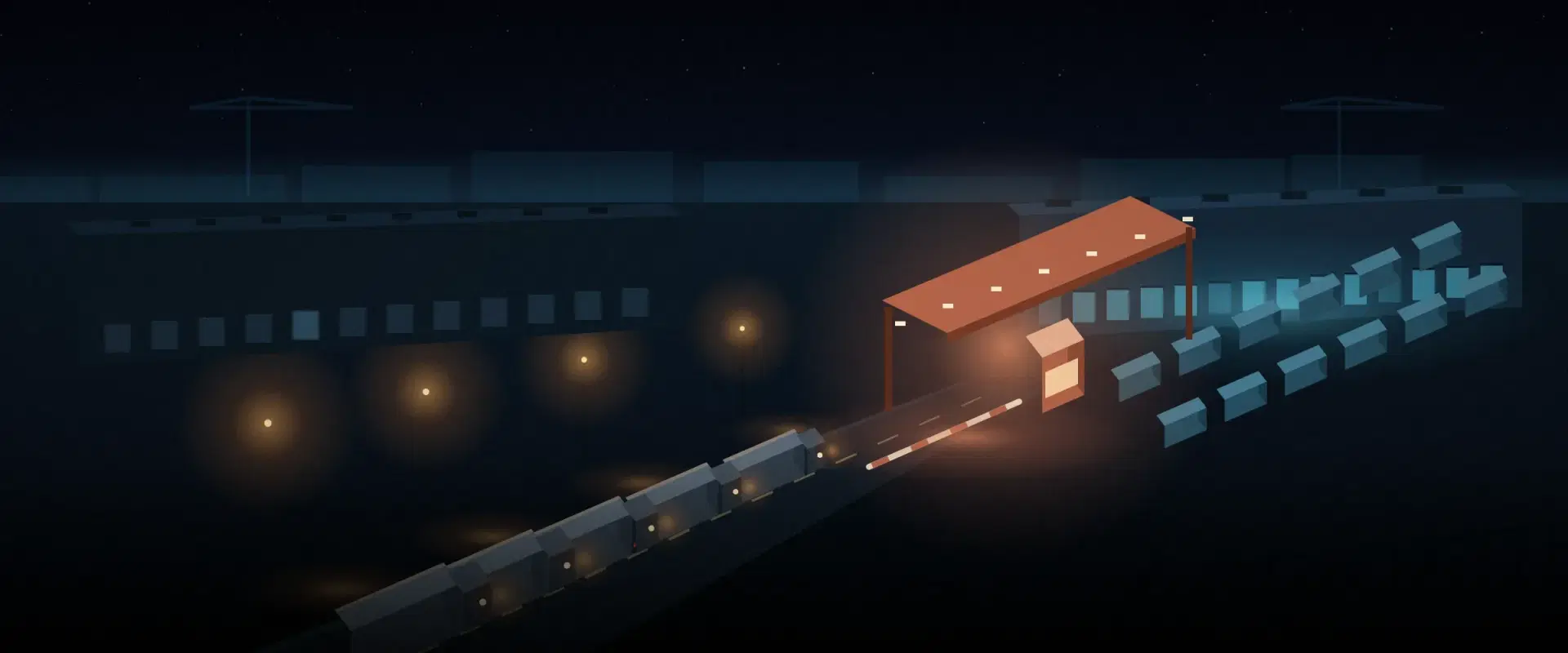 Illustration of a logistics yard at night from above with a line of trucks held at one lit brick gate, for 506(c) marketing