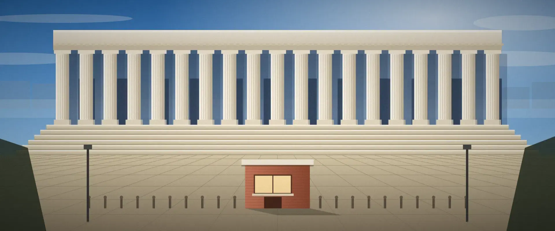 Illustration of a long colonnade at midday with a small brick gatehouse at the foot of its steps, for verification letters