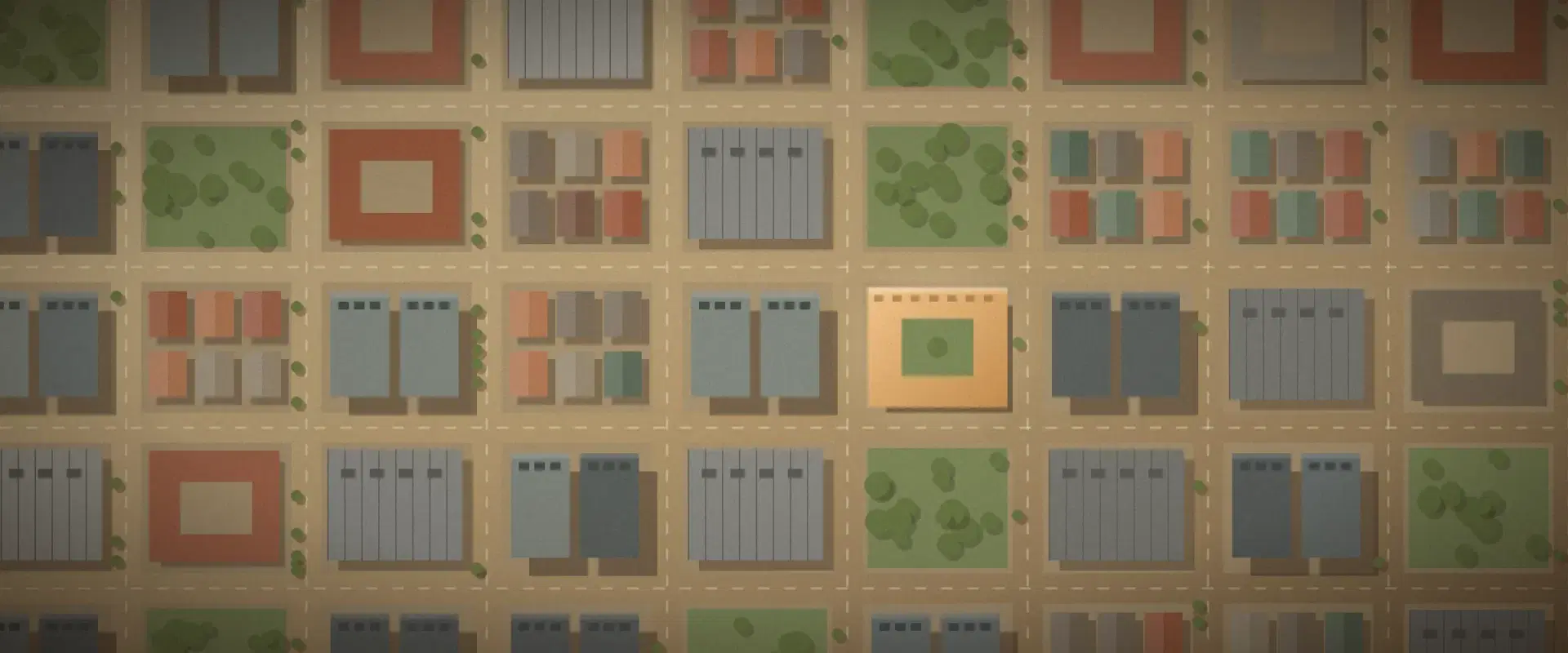 Illustration of a city grid from above with a sand-toned courtyard block among varied buildings, for alternative investments
