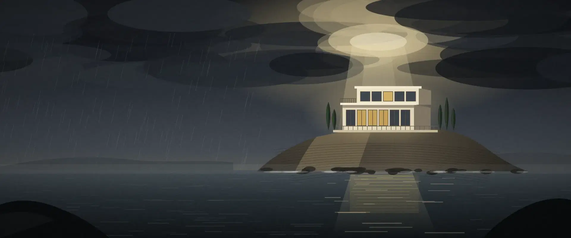 Illustration of a clifftop villa on a stormy coast as light breaks through cloud onto it, for Black Money Act property rules