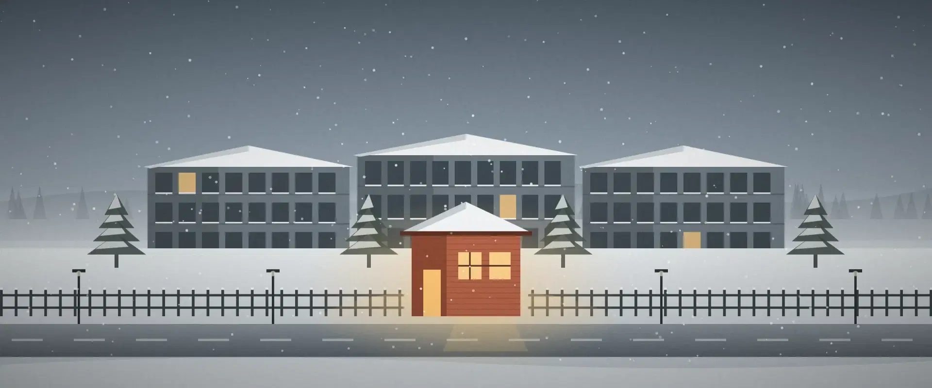 Illustration of snowy apartments with one lit brick gatehouse between the road and the homes, for a blocker corporation