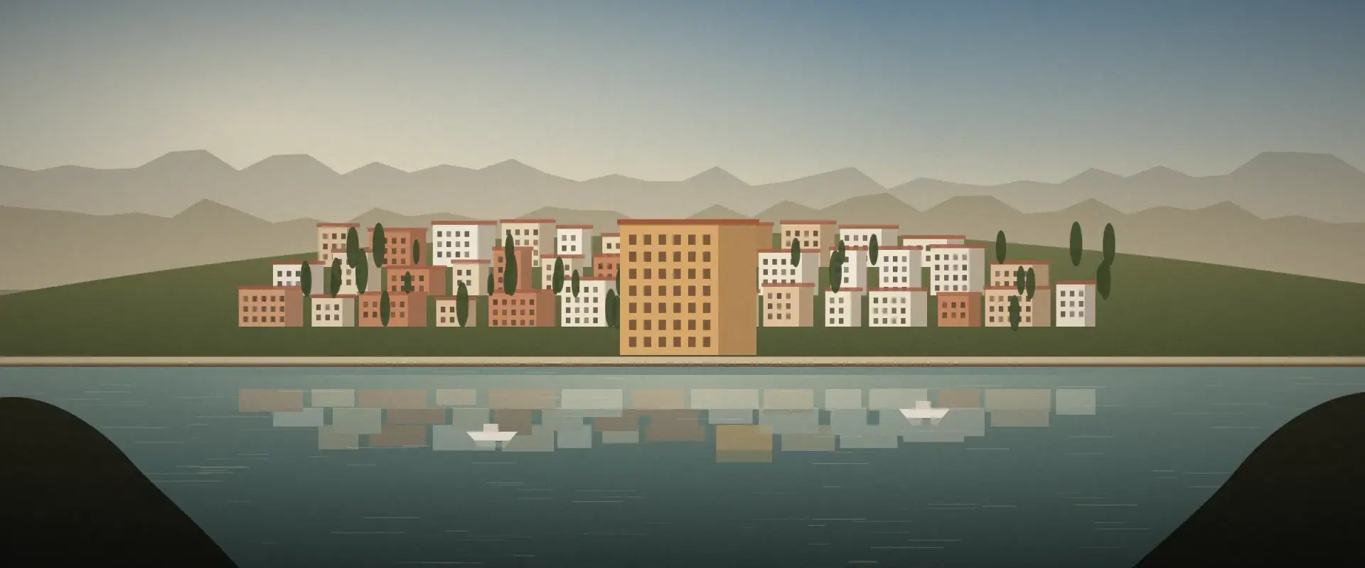Illustration of a coastal hill town in afternoon light with one tall sand building mirrored in the bay, for property abroad