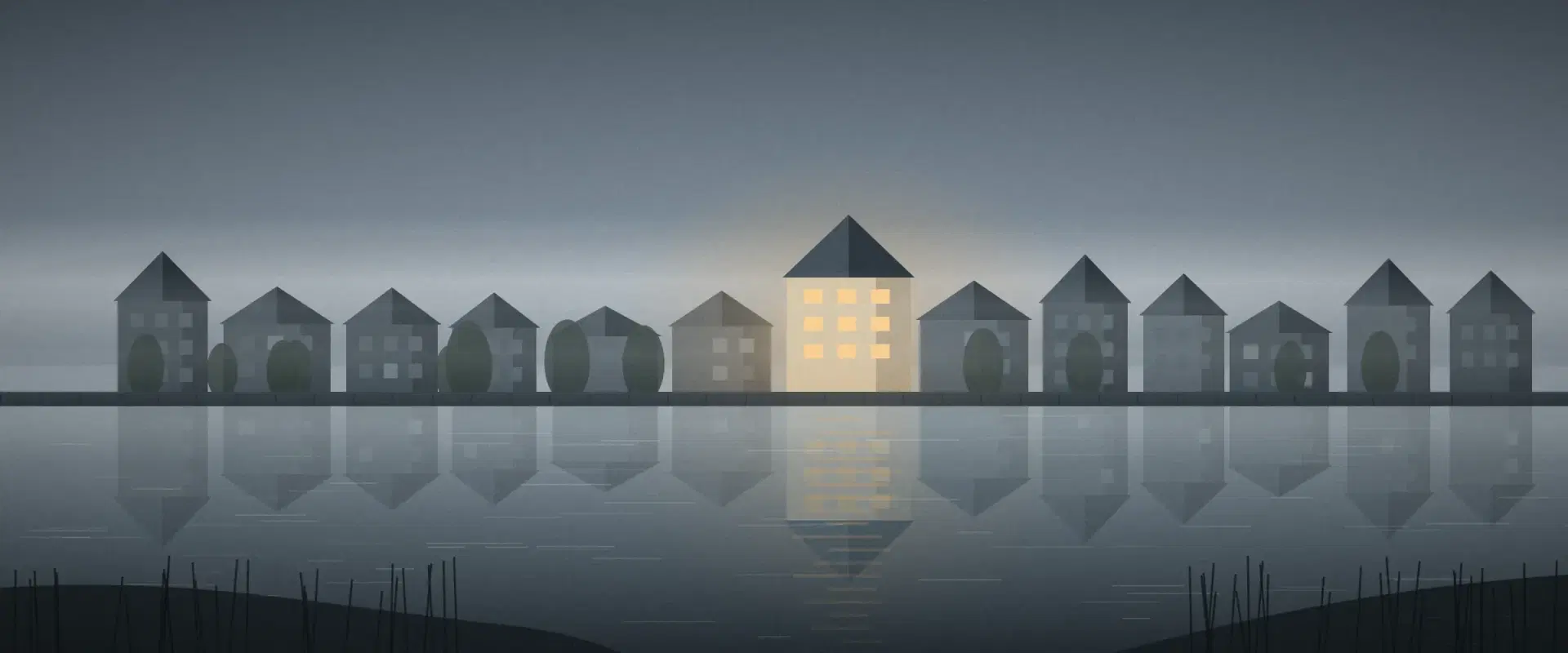 Illustration of a riverfront town in fog with one lit house mirrored in the river, for buying rental property in the U.S.