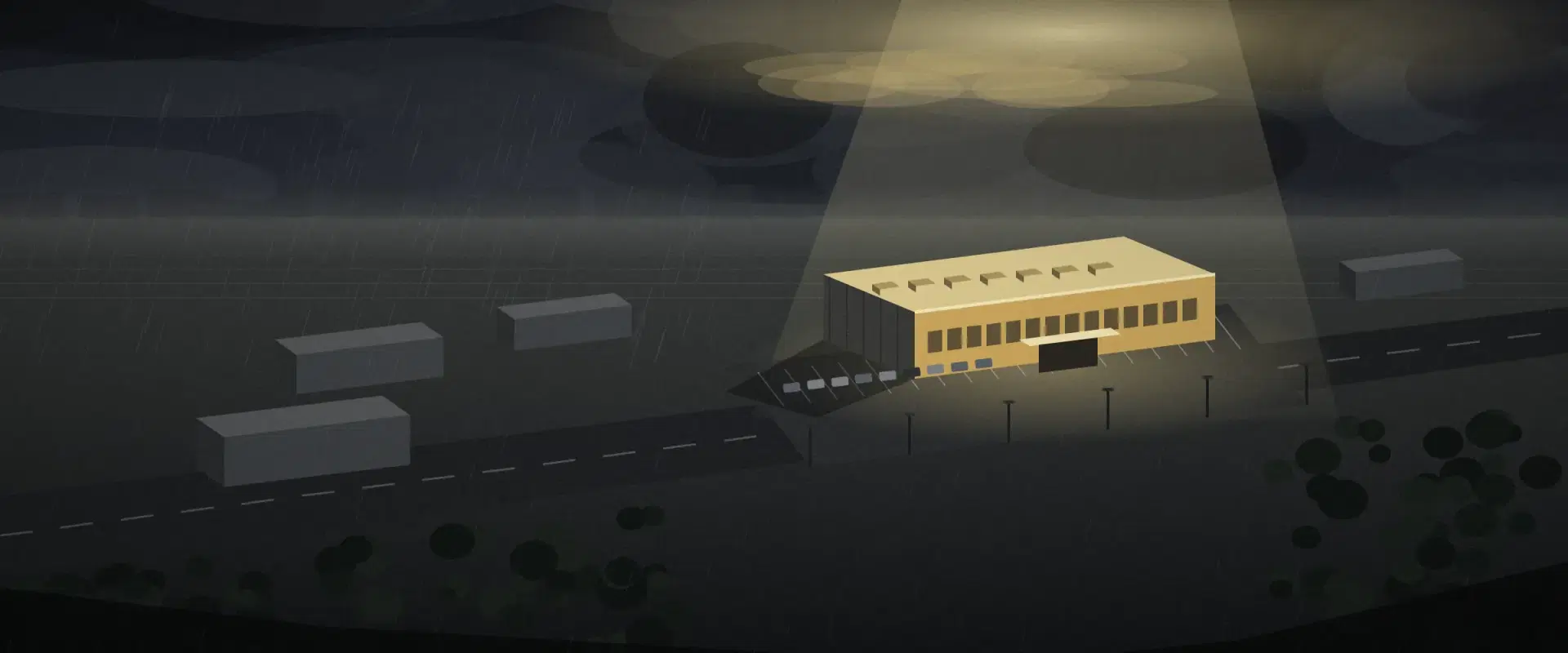 Illustration of storm light breaking through cloud onto one single-tenant building among grey ones, for cap rate