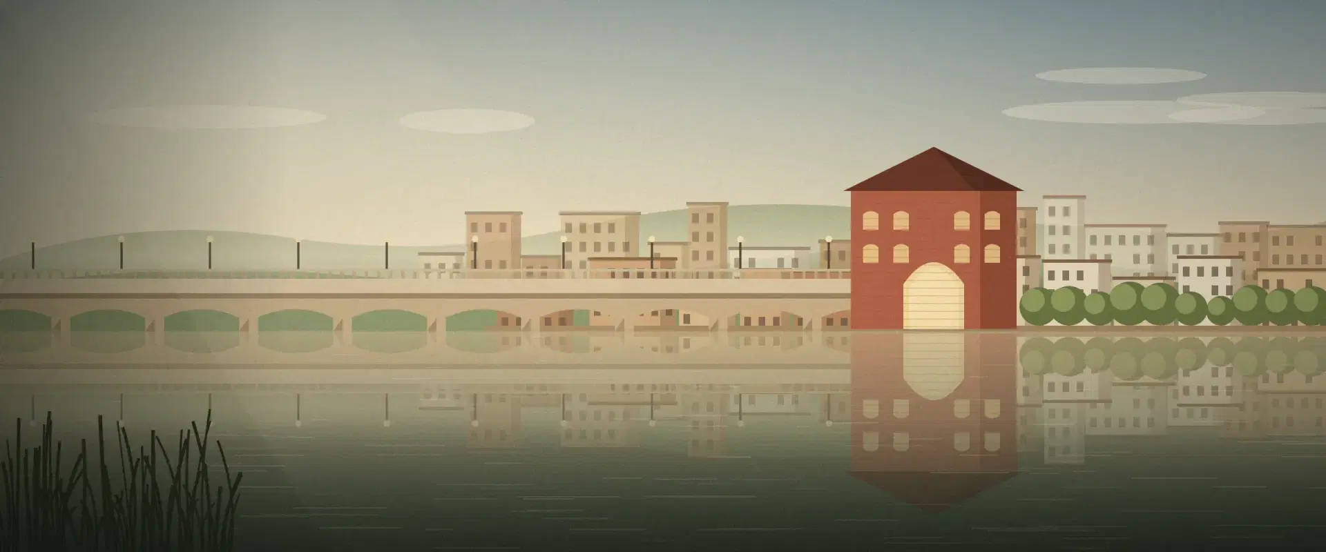 Illustration of a river bridge in afternoon light ending at a brick gatehouse mirrored in the water, for cross border raises