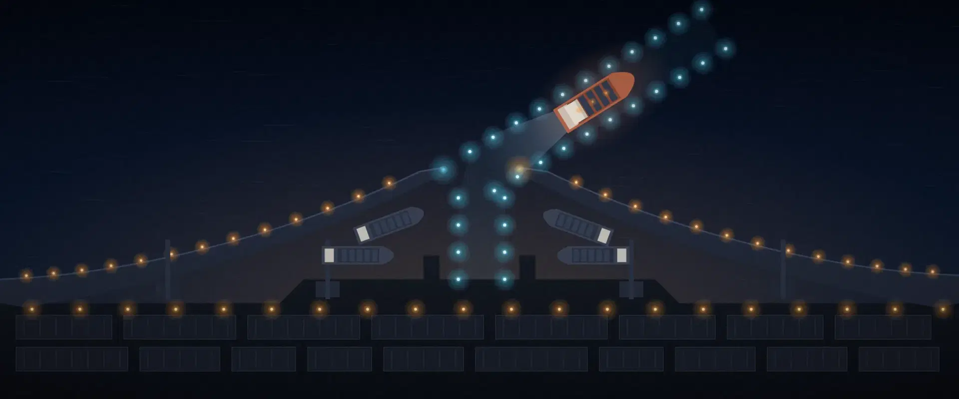 Illustration of a harbour at night from above as a brick ship follows a lit buoy channel out, for directed selling efforts