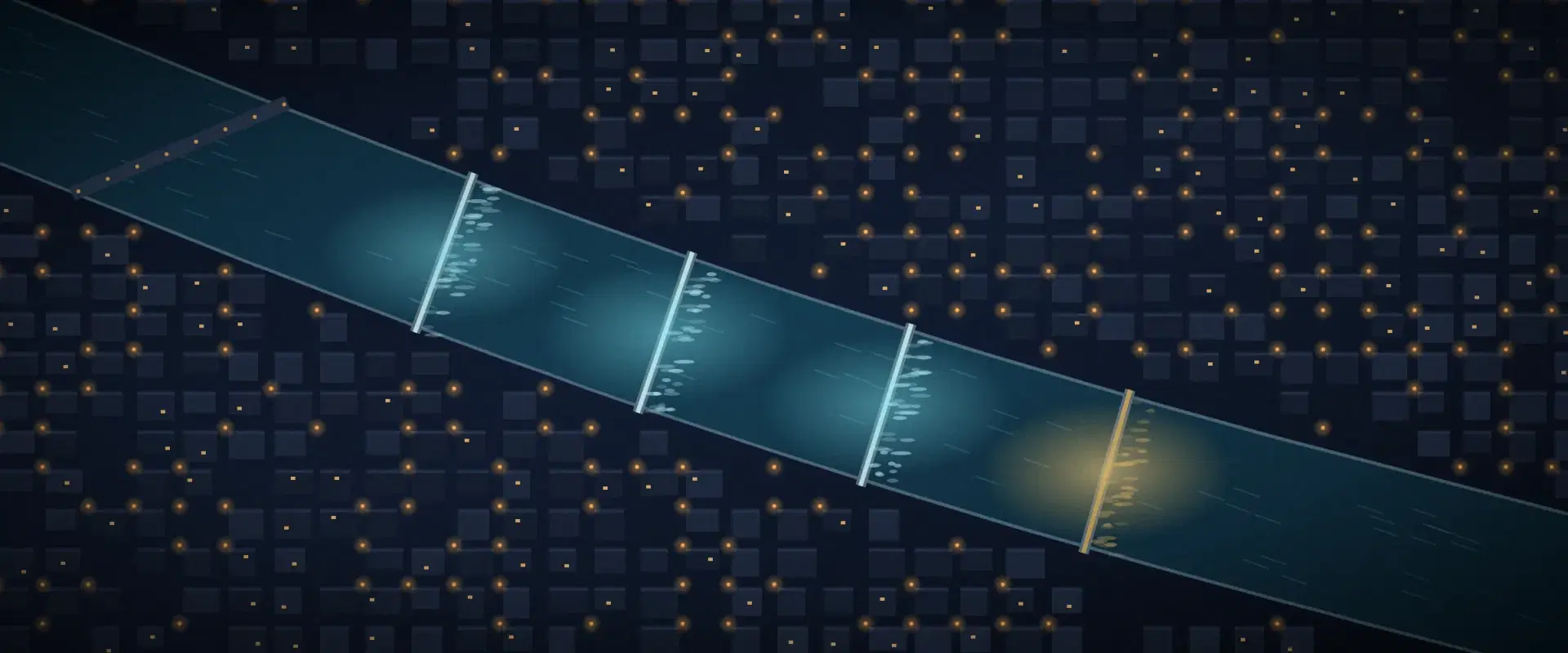 Illustration of a riverfront town at night from above with four weirs, the last one lit gold, for a distribution waterfall