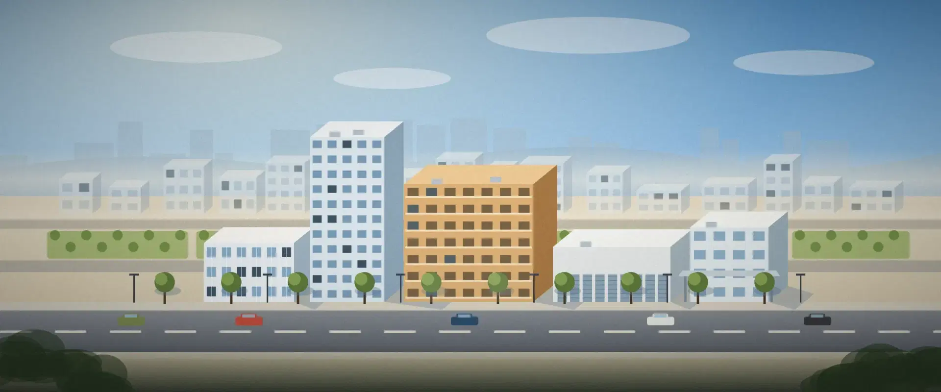 Illustration of a street of mixed buildings at midday with one apartment block in warm sand, for dollar investment