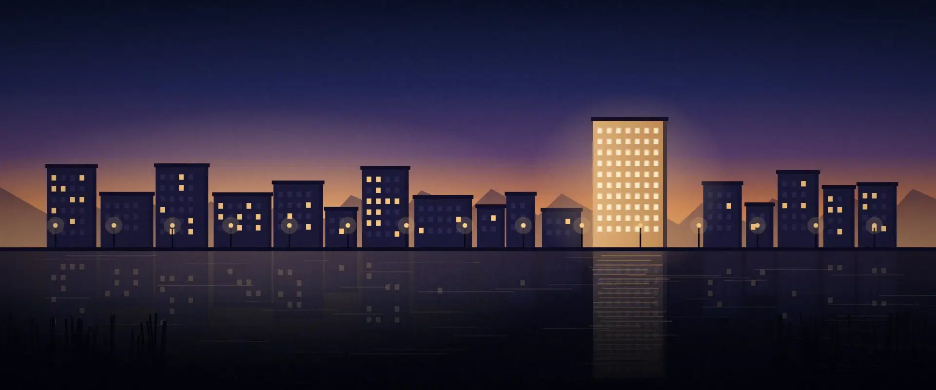 Illustration of a riverfront town at dusk with one sand-lit building mirrored in the river, for the India U.S. DTAA