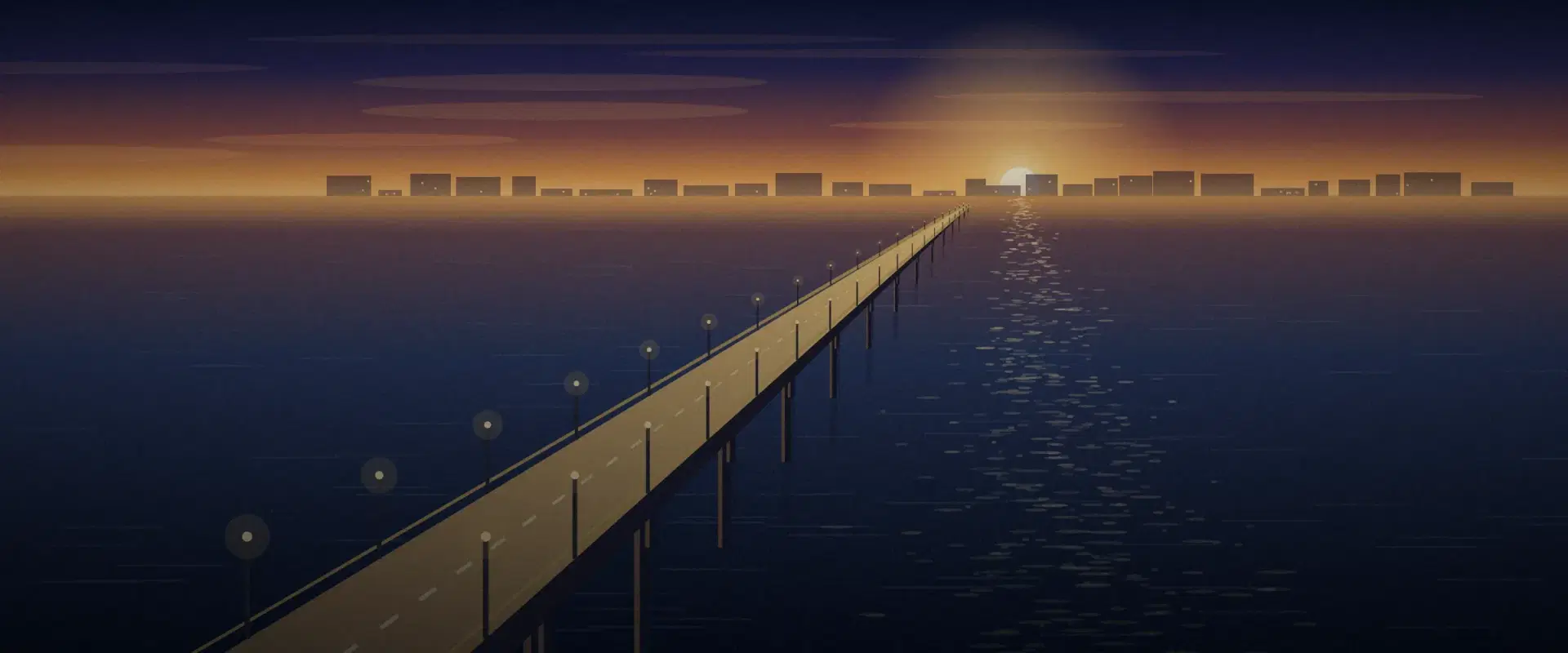 Illustration of a long sea bridge at golden hour from above, its gold-lit road leading to a far shore, for exchange rate risk