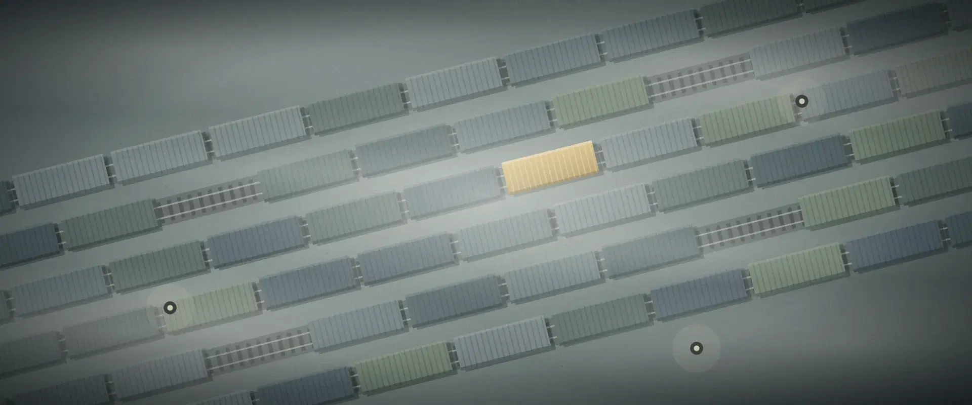 Illustration of a foggy rail yard from above with one gold container standing out among grey ones, for FAST-DS 2026