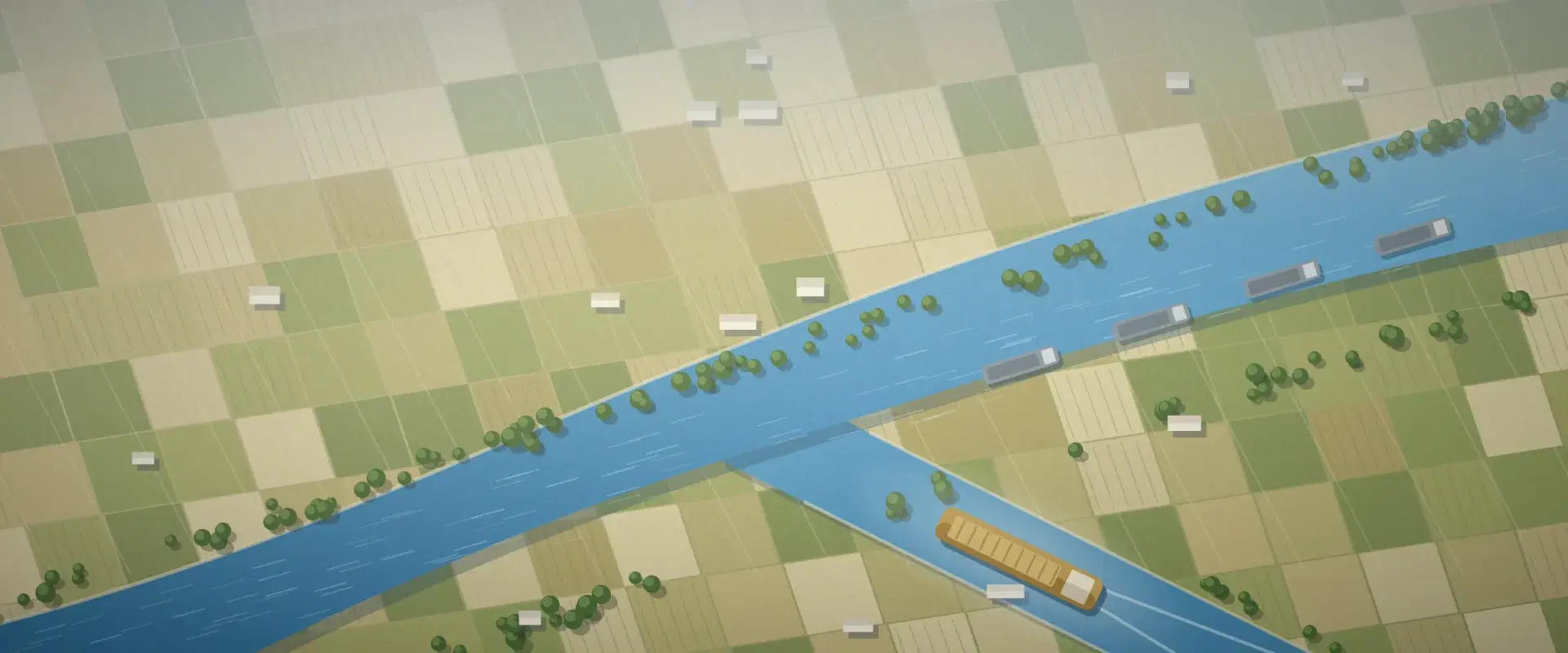 Illustration of farmland from above as a gold barge on a side channel joins a busy river, for a feeder fund