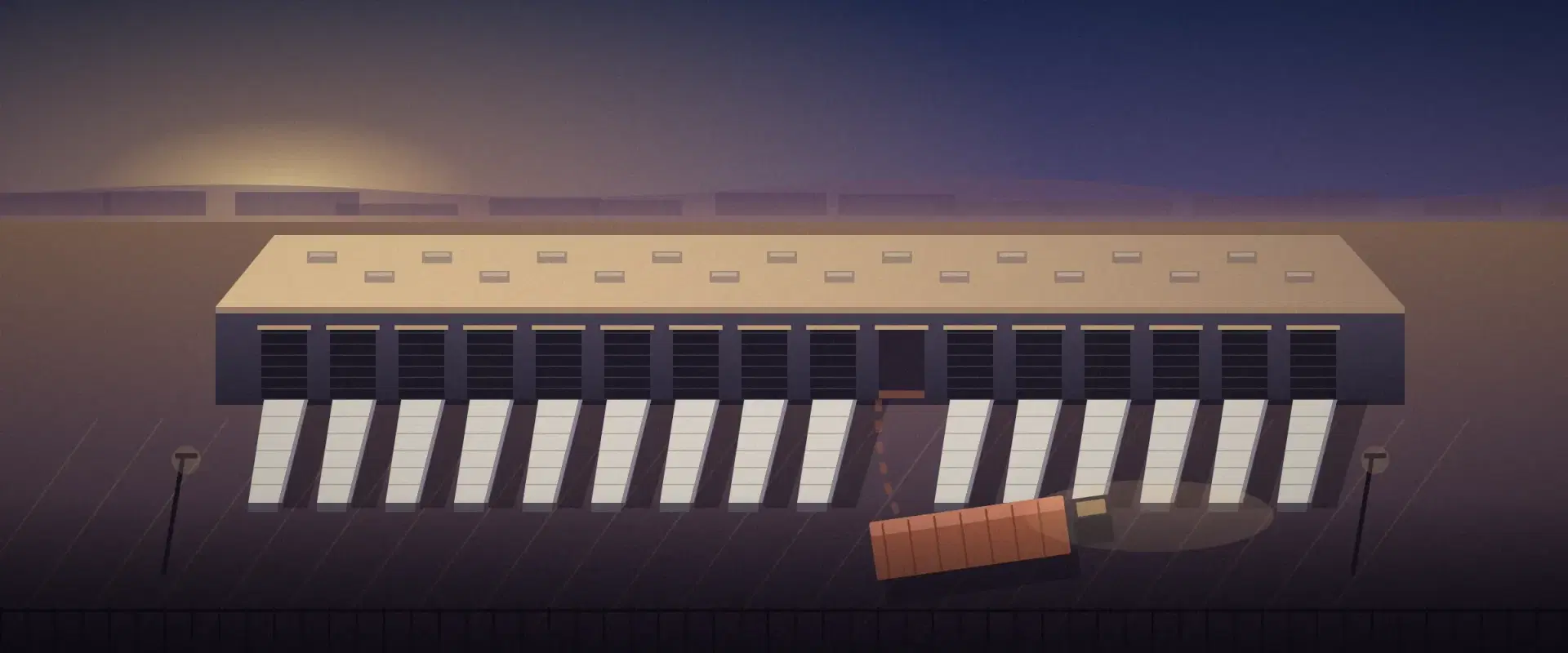 Illustration of a warehouse at golden hour with one brick trailer leaving a row of docked trailers, for FIRPTA
