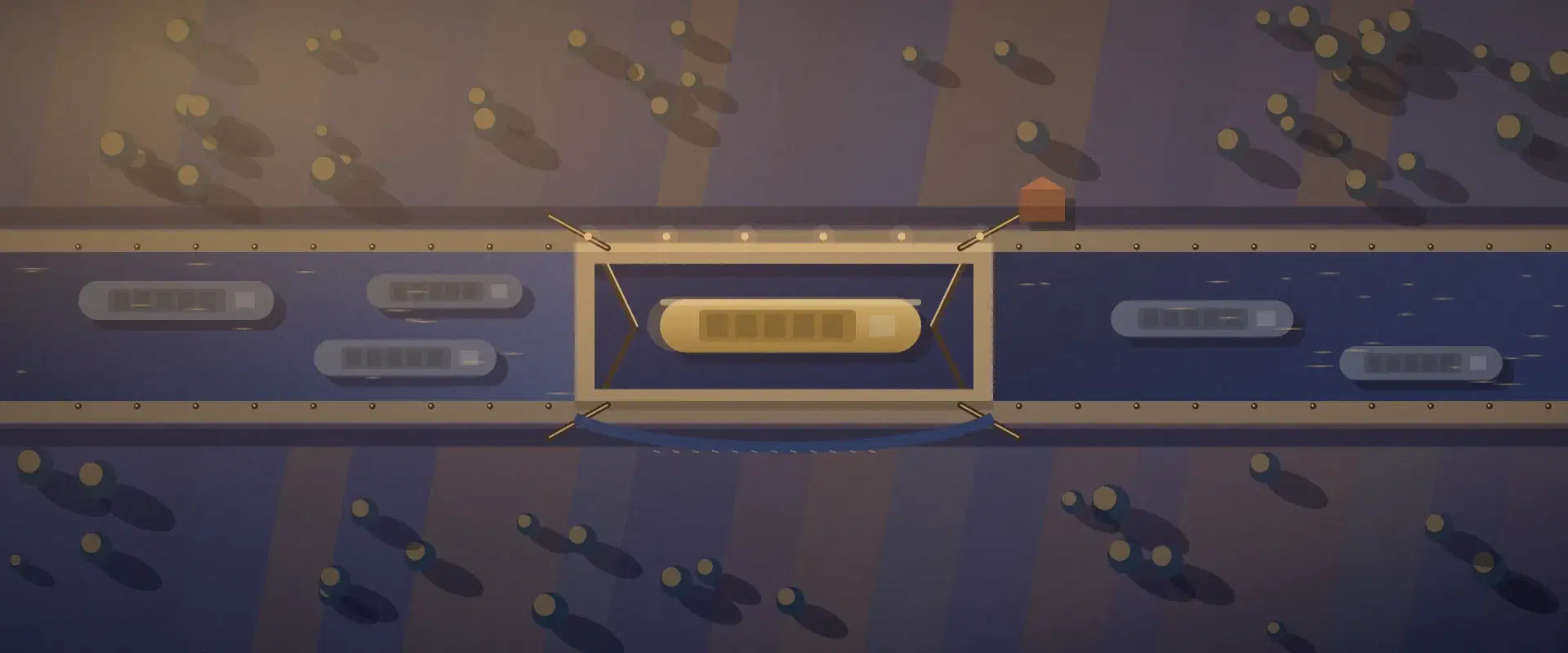 Illustration of a canal lock at golden hour from above with one gold barge in the chamber, for Form 1042-S tax credit
