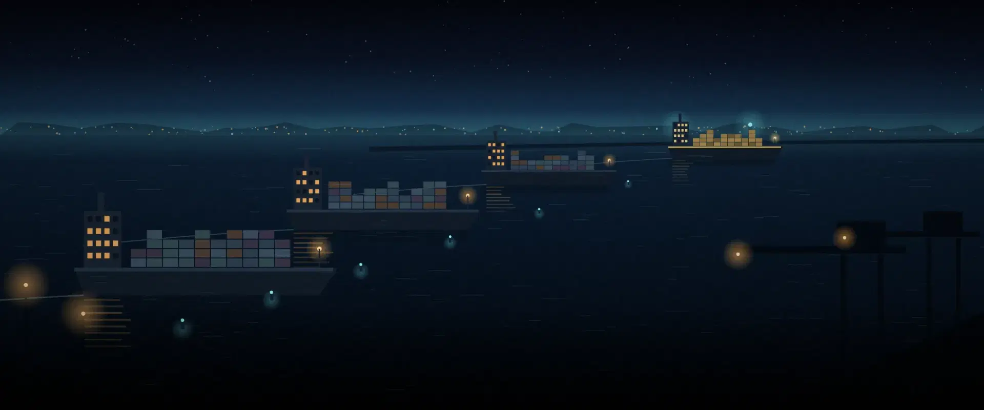 Illustration of container ships leaving a harbour at night in sequence, the lead ship lit gold, for Form 15CA